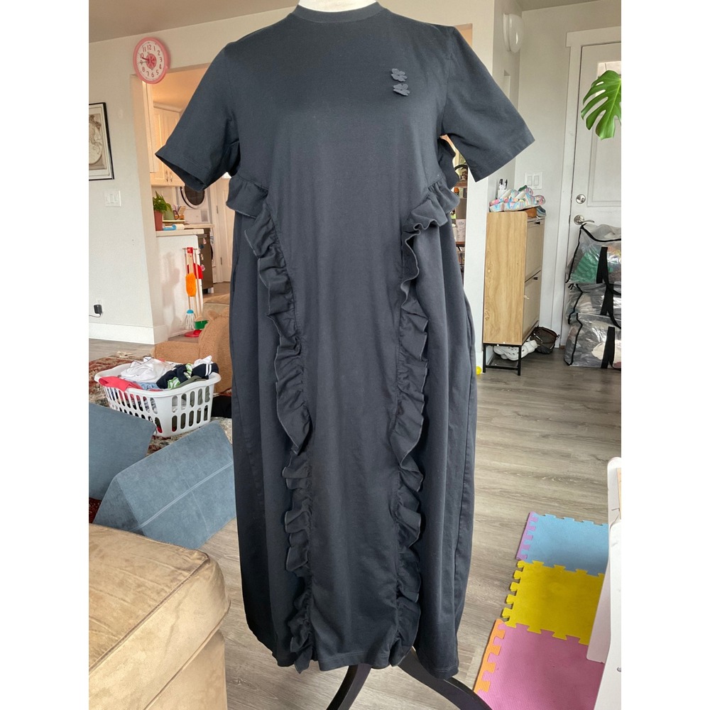 Cecilie Bahnsen x Uniqlo Black Ruffle T-Shirt Dress Midi Floral Applique Small